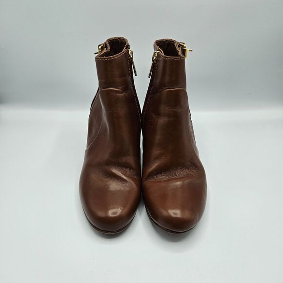 Tory Burch Milan Brown Leather Wedge Ankle Bootie Gold Logo Zip Size 5.5M - Picture 1 of 7